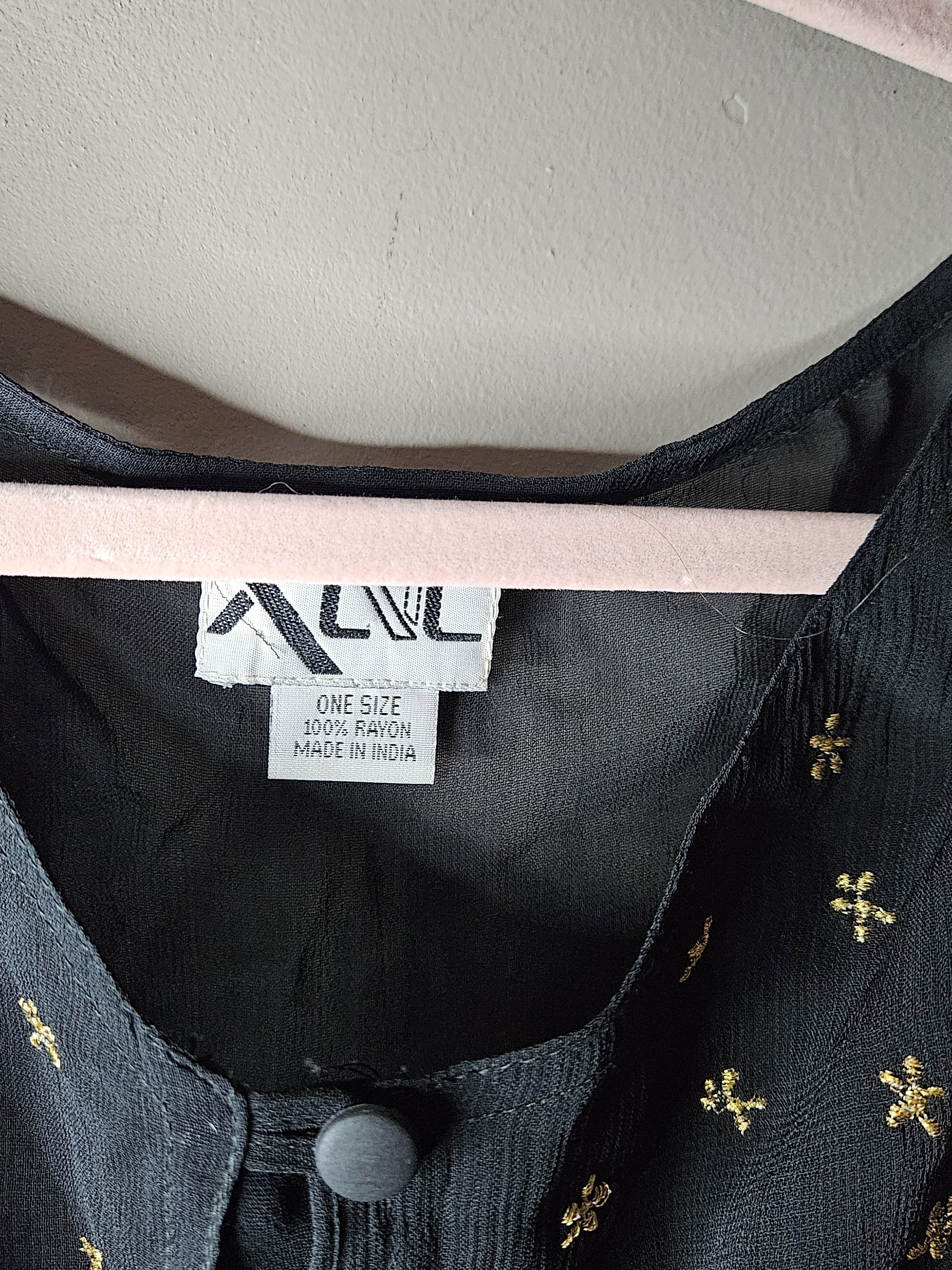 Black Rayon Button Front Top With Gold Embroidery Ptp 29" Length 31"-41"
